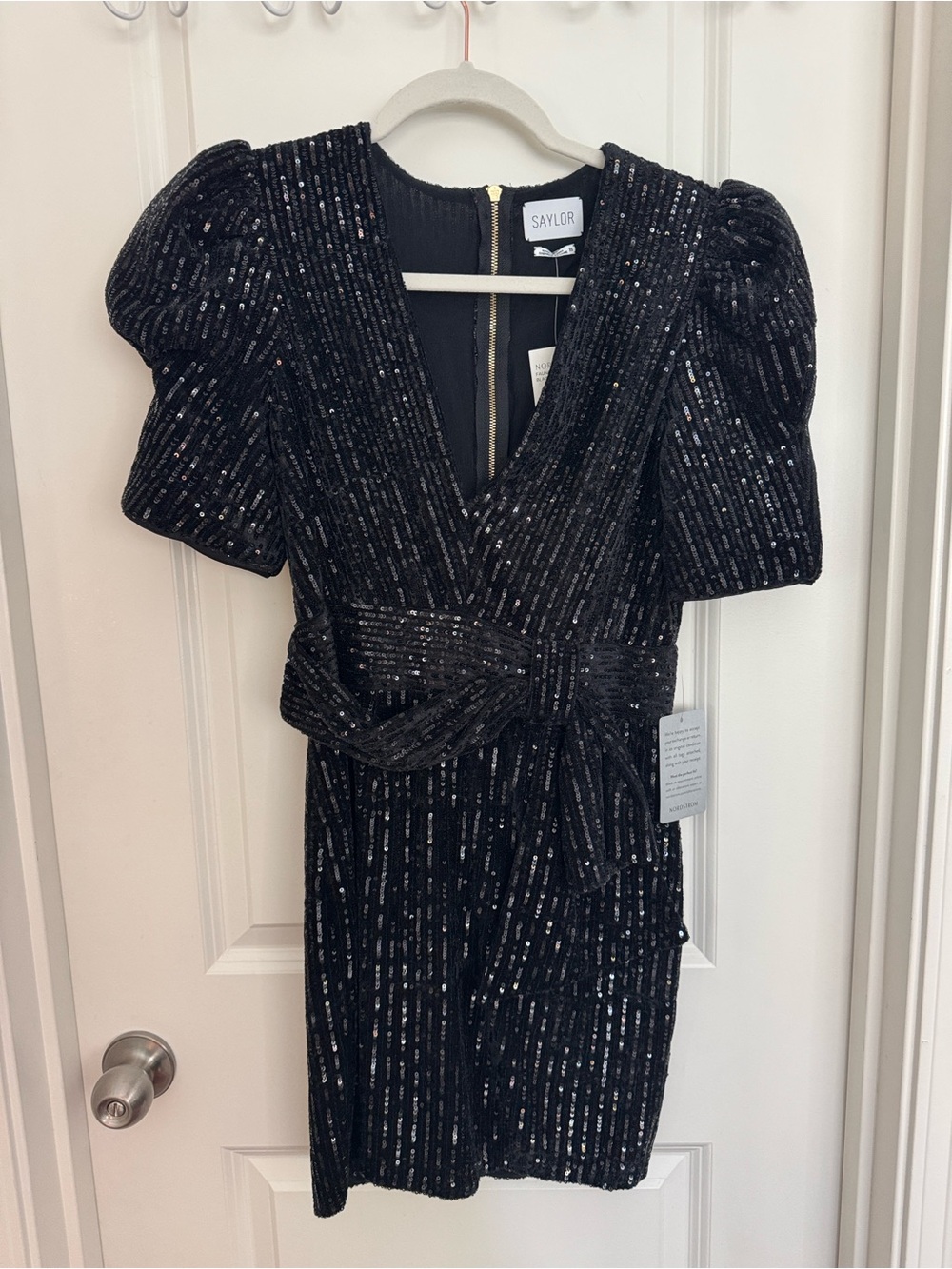SAYLOR Black Sequin Puff-Sleeve V-Neck Mini Dress